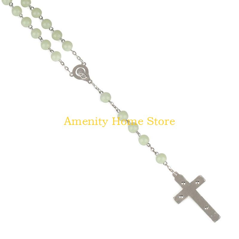 F26C 8mm Glow in the Dark Rosary Necklace Jesus Christ for Cross Pendant Noctilucent Long Chain Catholicism Religious Fashion