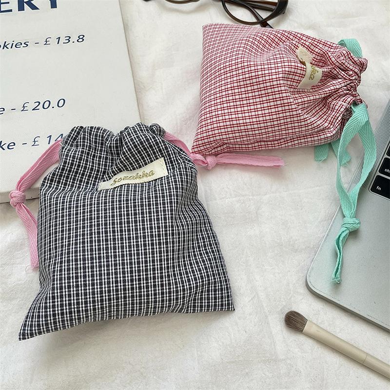 Checkered Pattern Lipstick Makeup Bag With Drawstring Simple Jewelry Handbag Large Capacity Storage Pouch