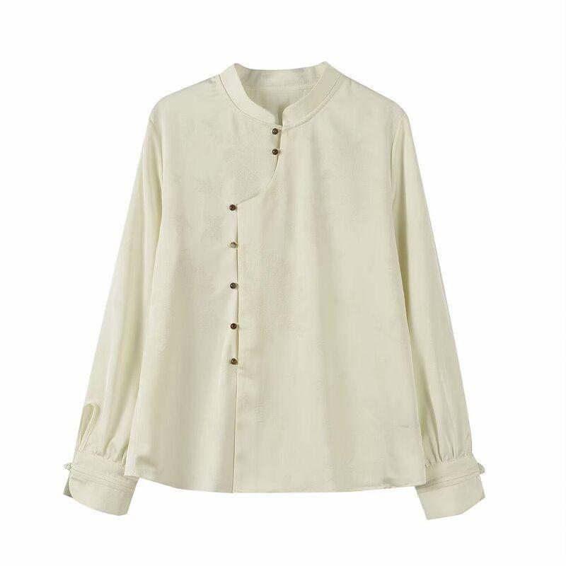 Fashion Style 2024 Spring/Summer New Arrival Women's Clothing Stylish Diagonal Buckle National Style Easiest for Match Long Sleeves Amber Button Shirt