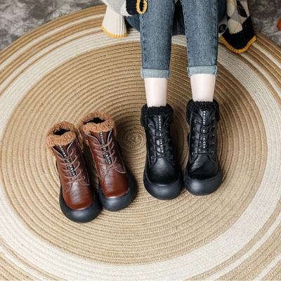 The First Layer of Cowhide Retro Martin Boots Women's Velvet Thermal Short Boots Genuine Leather Casual Soft Bottom Autumn and Winter New Thick Bottom