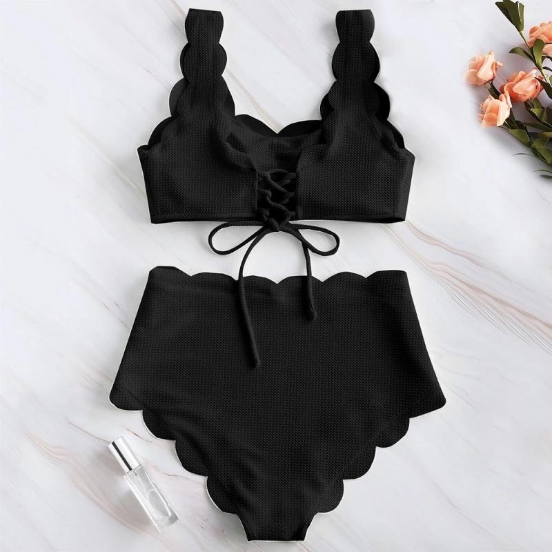 Simple Solid High Waist Bikini Women Swimsuit Fashion Floral Edge Split Bathing Suit 2025 New Casual Lady Two Pieces Beachwear