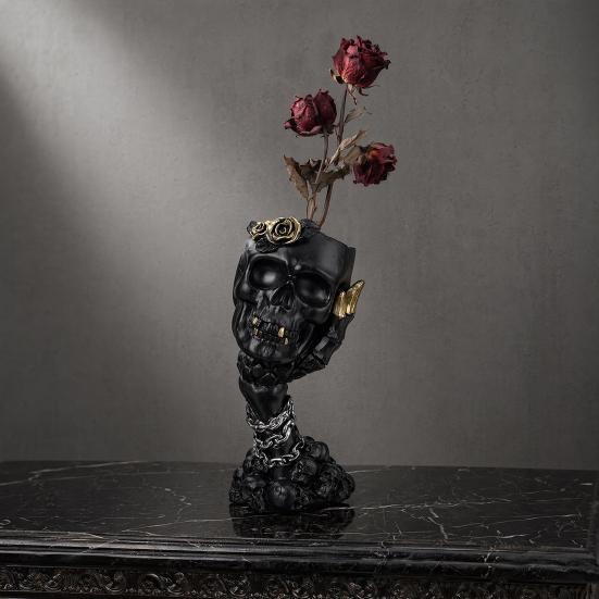 yangyizhi Hear No Evil, Speak See Evil Skull Vase, Resin Ornament with Rose Decor, Halloween Gothic Skeleton Display for Shelf Desk Altar, Horror
