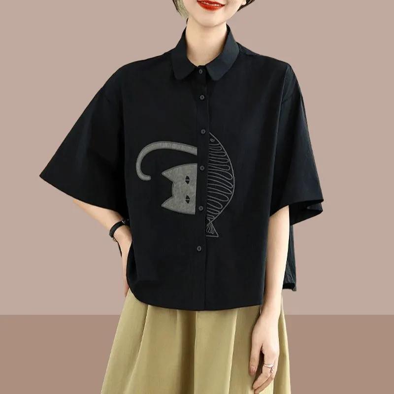 

Women s Beige Cat Pattern Short-Sleeve Oversized Shirt Casual Button-Down Top L чорний