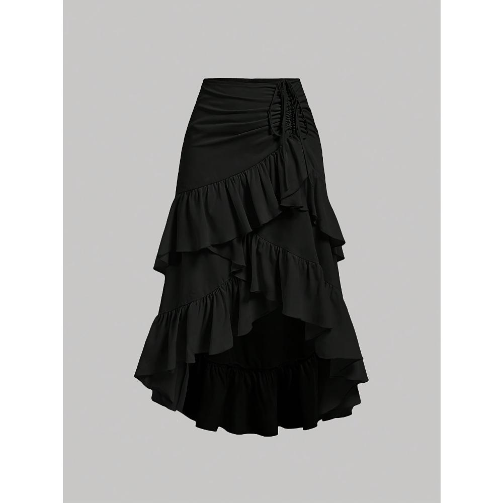 Gonna midi da donna a vita alta, vestibilità regolare, elegante, tinta unita, con coulisse, arricciata, con volant, orlo asimmetrico