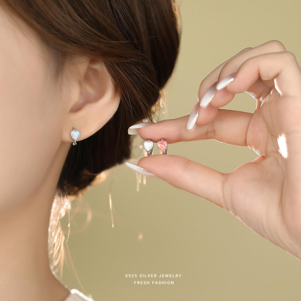 Fashionable Exquisite Heart Simulate Opal Earrings 925 Sterling Silver Jewelry for Women Hypoallergenic Gift