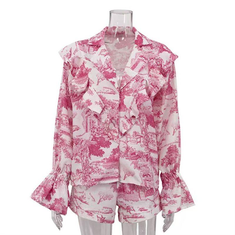 

Western Style Ink Painting Print Lapel Bell Sleeve Cardigan Top Shorts Set Shirt and Shorts Set Pink M