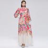 2026 Summer Holiday Chiffon Gorgeous Flower Maxi Dress Women's Stand Long Lantern Sleeve Sashes Floral Print Loose Robes