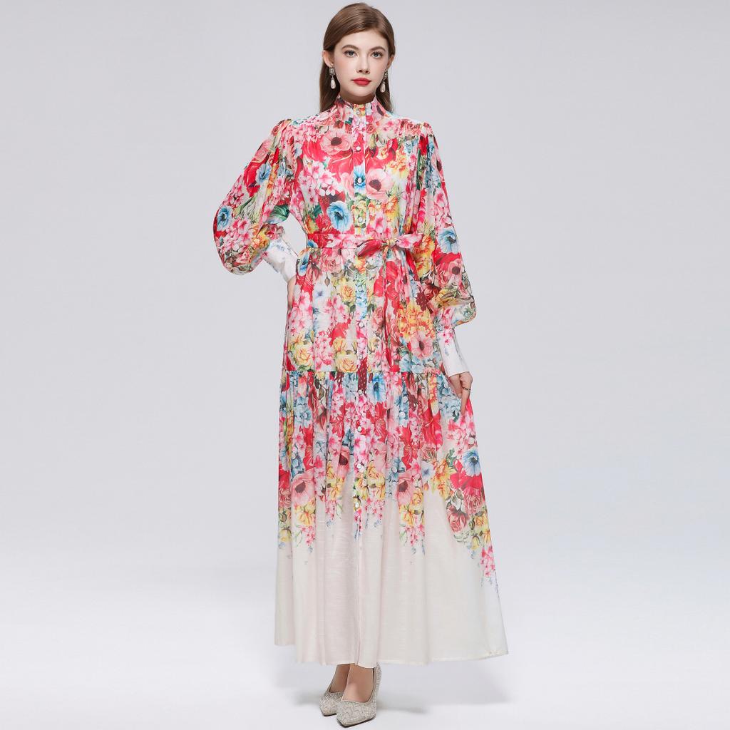 2026 Summer Holiday Chiffon Gorgeous Flower Maxi Dress Women's Stand Long Lantern Sleeve Sashes Floral Print Loose Robes