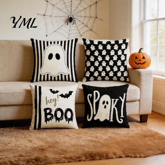 Halloween Ghost Cushion Cover Cover, Spooky Skull Throw Pillow 18x18 Cute Print Home Textiles Inch Case for Living Room Sofa Couch Decor Retro