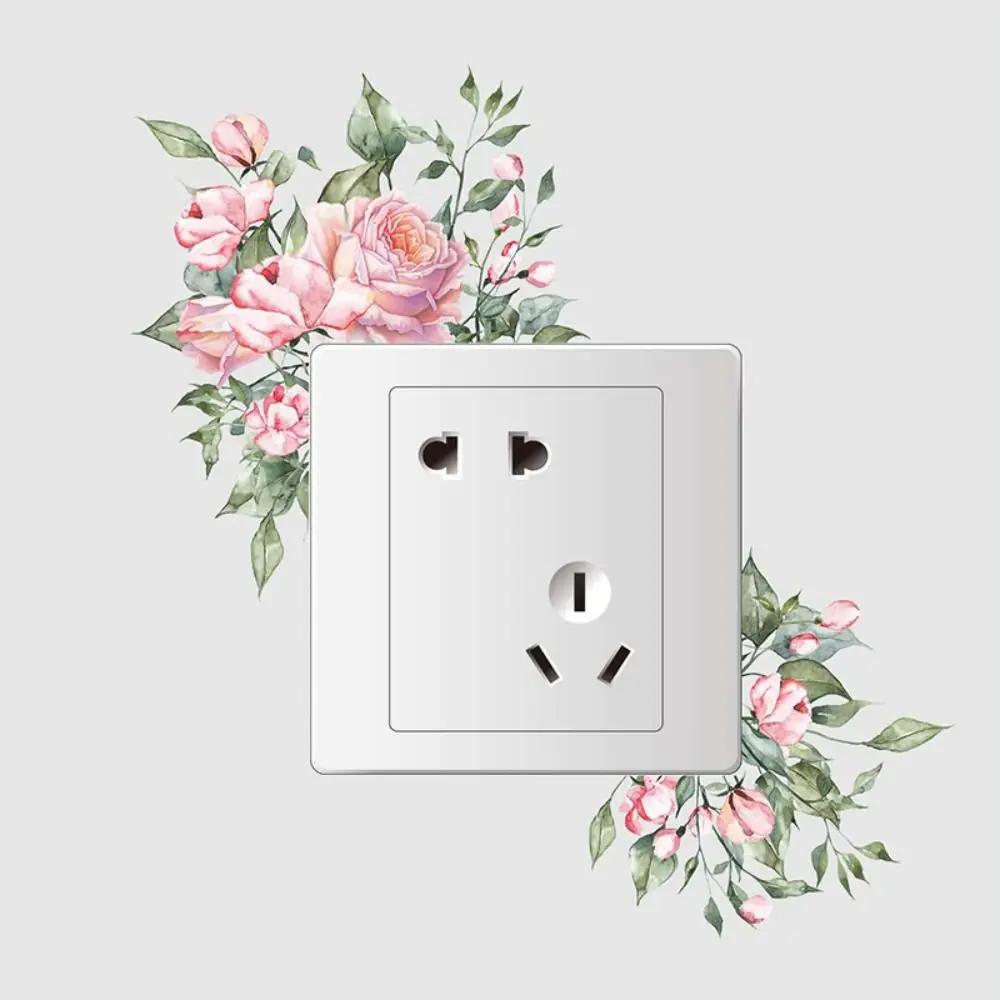 Creative Rose Daisy Peony Flowers Leaves Green Plant Wall Switch Stickers PVC Light Plugs Switches Plant Decals Home Decor Gifts