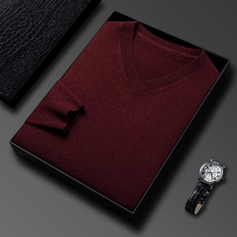 Men's Casual V-Neck Solid Color Knit Sweater - Autumn/Winter Long Sleeve Base Layer
