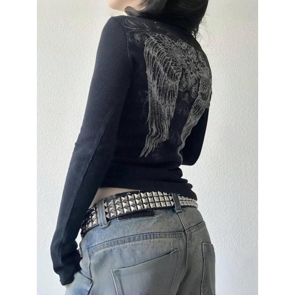 BeatStreet Grafikdruck Schwarzes T-Shirt Damen Herbstkleidung Y2K Cyber Grunge Pullover T-Shirts 00er Retro Ästhetik Cottage Crop Tops