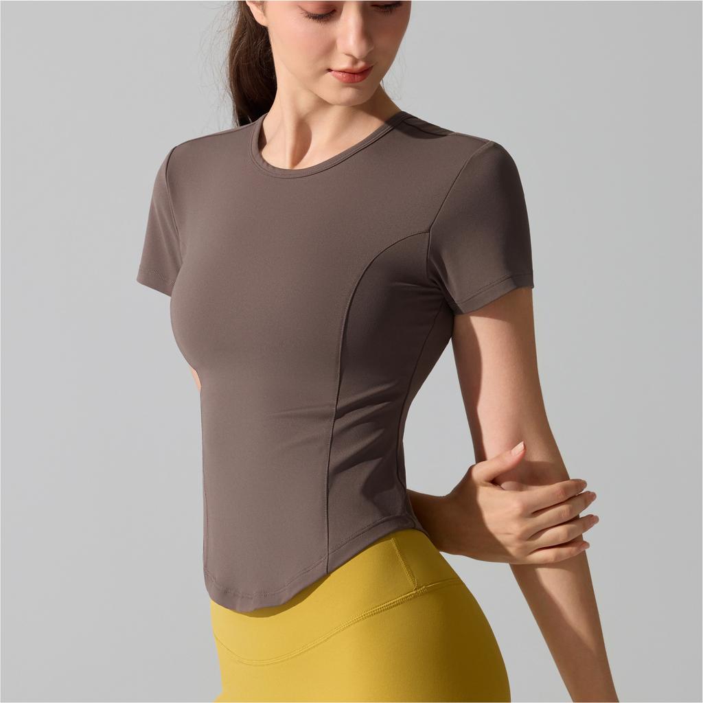 Antibacterial Crew Neck Yoga Suit Running Top Slim-fit T-shirt Waist Cover Flesh Skinny Sports Fitness Short Sleeve Women