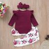 Ins Cute Wine Red 3-Piece Children's Set: Romper, Floral Pants, Headband