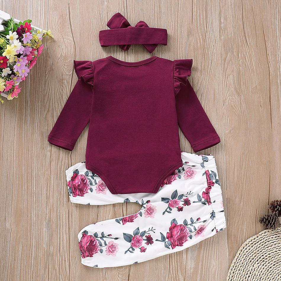 Ins Cute Wine Red 3-Piece Children's Set: Romper, Floral Pants, Headband