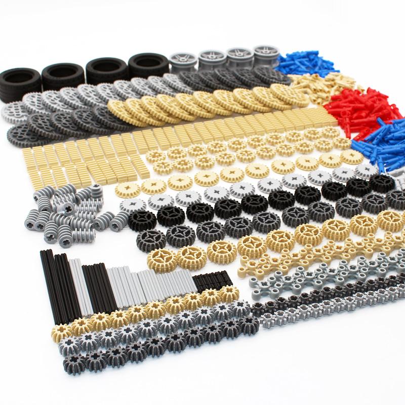 638PCS MOC Mechanical Bulk Building Bricks Technology Parts Gear Rack Cross Axle Accessory Car Tires High-Tech Truck Connector