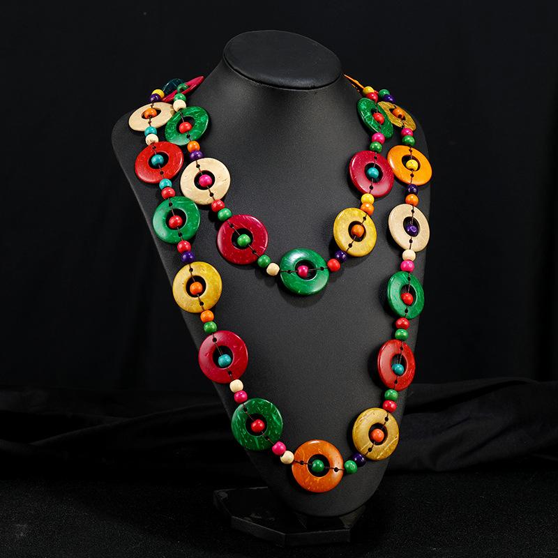 Bohemian Color Coconut Shell Wood Necklace Women's Vintage Double Layer Stacked Long Pendant Accessories
