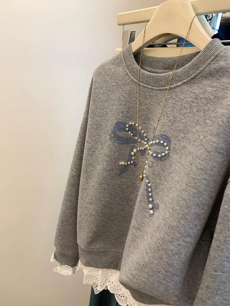 True Extra-Large Beaded Bowknot Hoodie - Cotton, 240 Jin, Age-Reducing, Plus Velvet Patchwork Lace Trim