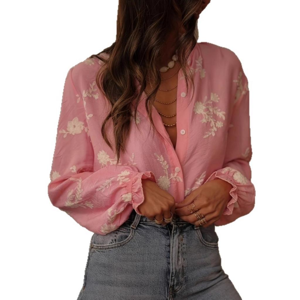 Fall Winter Women's Long Sleeve Printed Blouse, Turn-down Collar Lantern Sleeve Shirt, European American Style Outerwear Crossborder Top