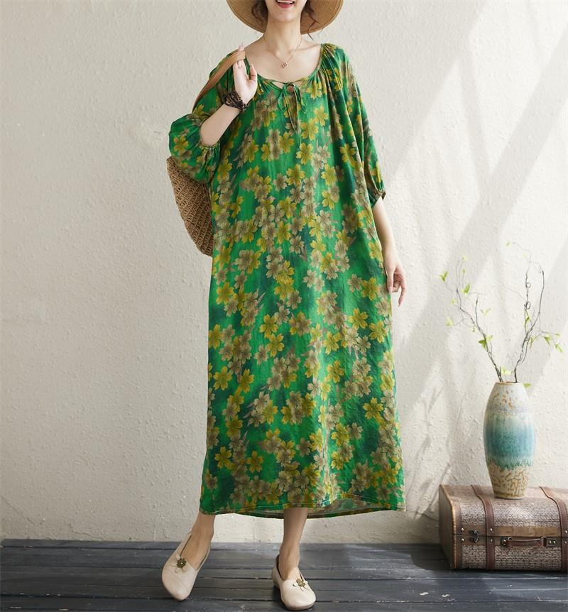 Krátký rukáv Plus size Bavlněné vintage květinové nové šaty pro ženy ležérní volné dlouhé letní šaty