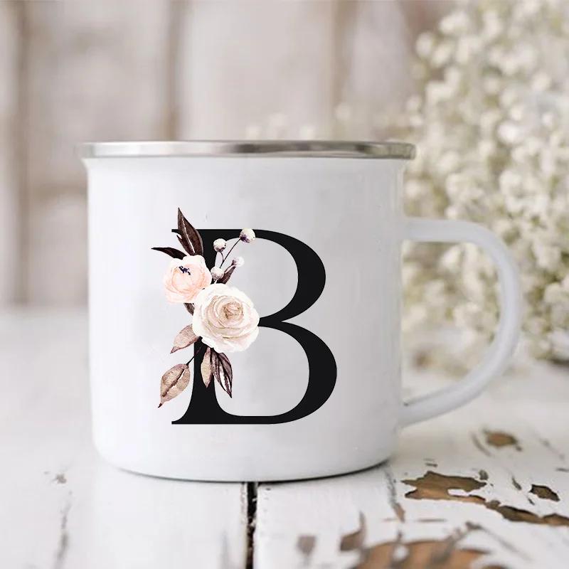 Initial Letter Print Mugs Enamel Creative Coffee Cups Drinks Wine Juice Milk Cup Vintage Home Office Handle Drinkware Best Gifts