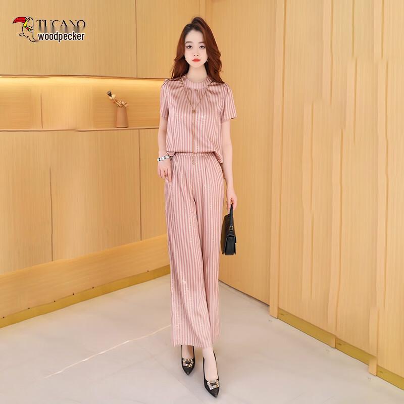 

Женский полосатый комплект из топа с коротким рукавом и широких брюк Woodpecker 2XL