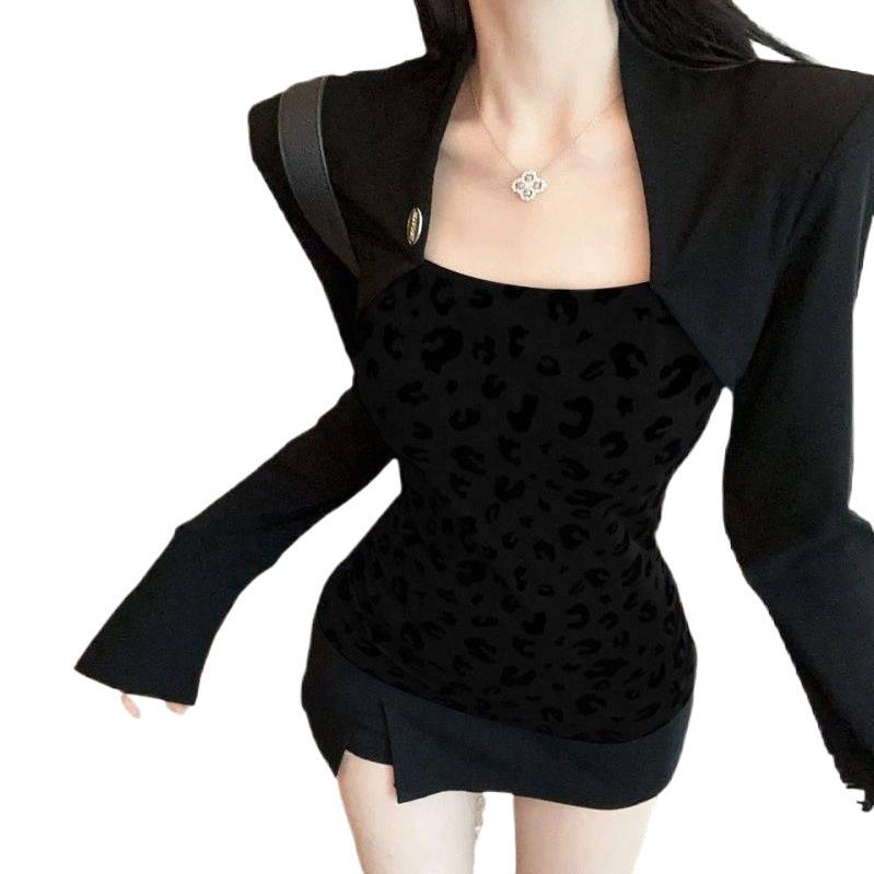 Leopardenmuster Faux Zweiteiliges T-Shirt mit quadratischem Ausschnitt - Damen Langarm Slim Fit, Herbst/Winter Stil