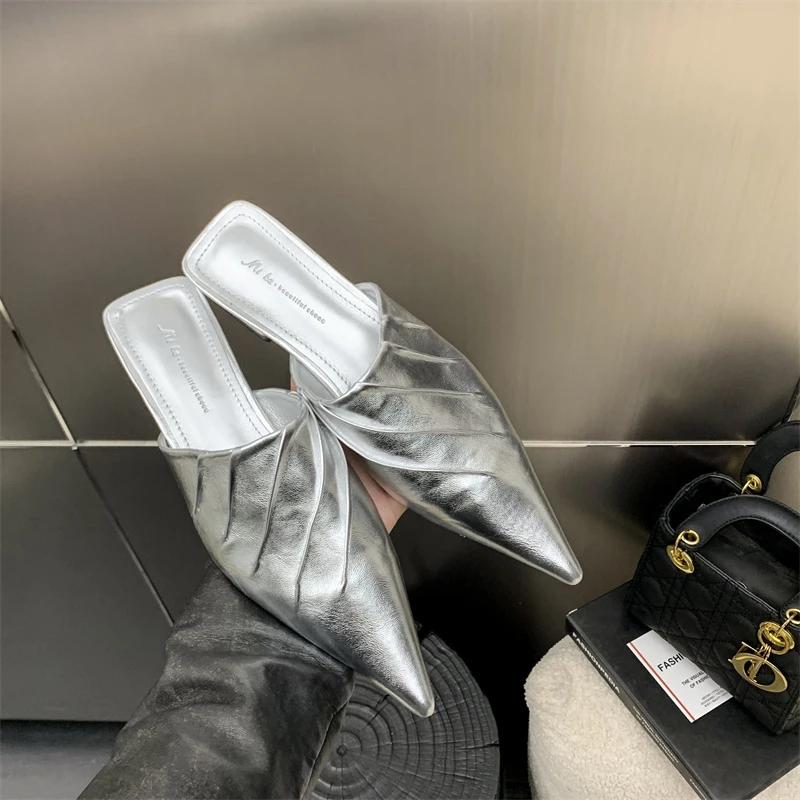 

Распродажа модной женской обуви 2024 года, новые женские туфли с открытой пяткой, осенние туфли с острым носком, однотонные, повседневные, на плоской подошве, удобные, офисные женские туфли 39 серебряный