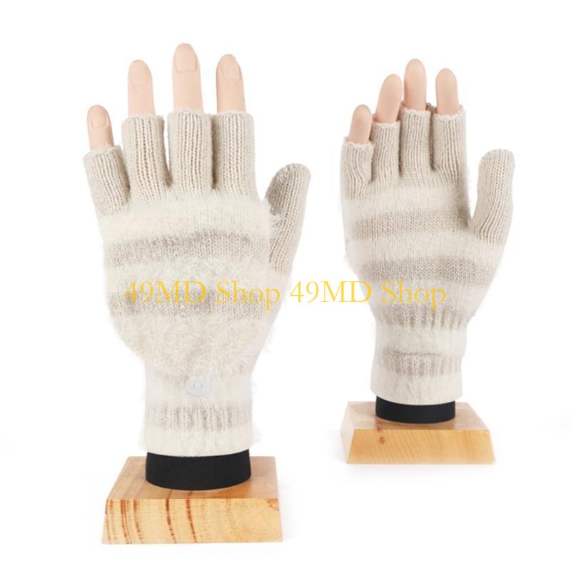 49MD Knitted Fingerless Gloves Winter Striped Gloves Cartoon Mitten with Top