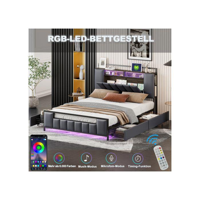 Lit Rembourré - MUVOE - 140x200 Cm - Éclairage LED - Prise USB - 4 Tiroirs De Rangement