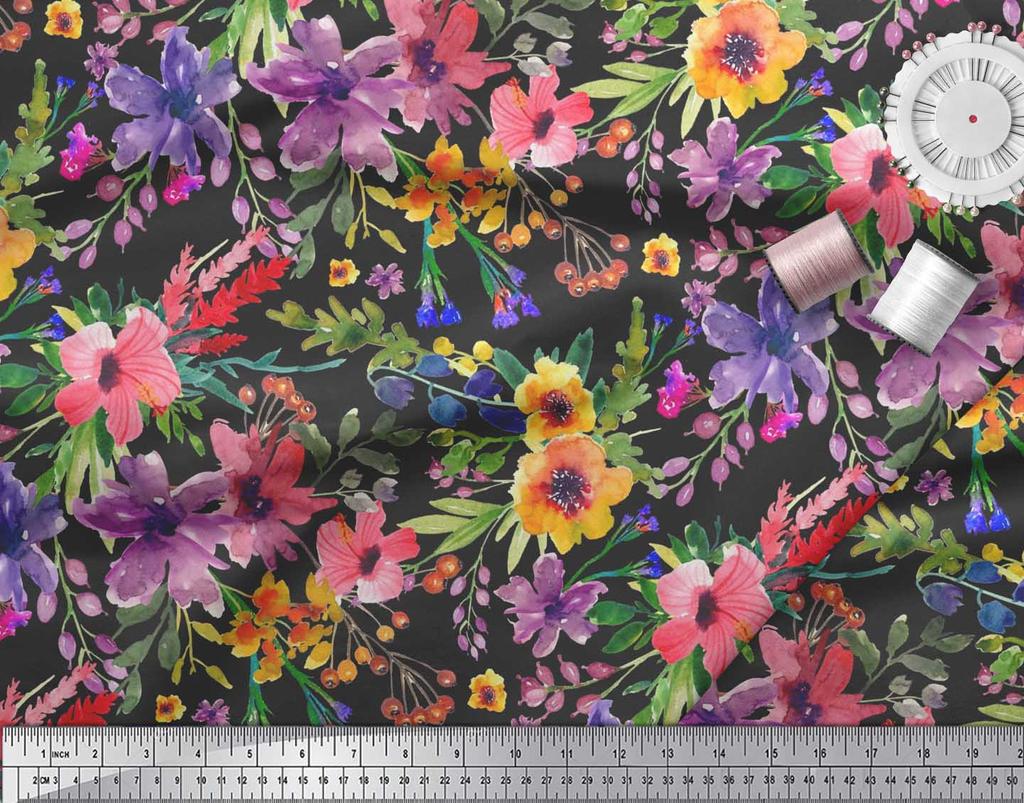 Soimoi Japan Crepe Satin Fabric Flower & Leaves Watercolor Decor Fabric Printed metre 42 Inch