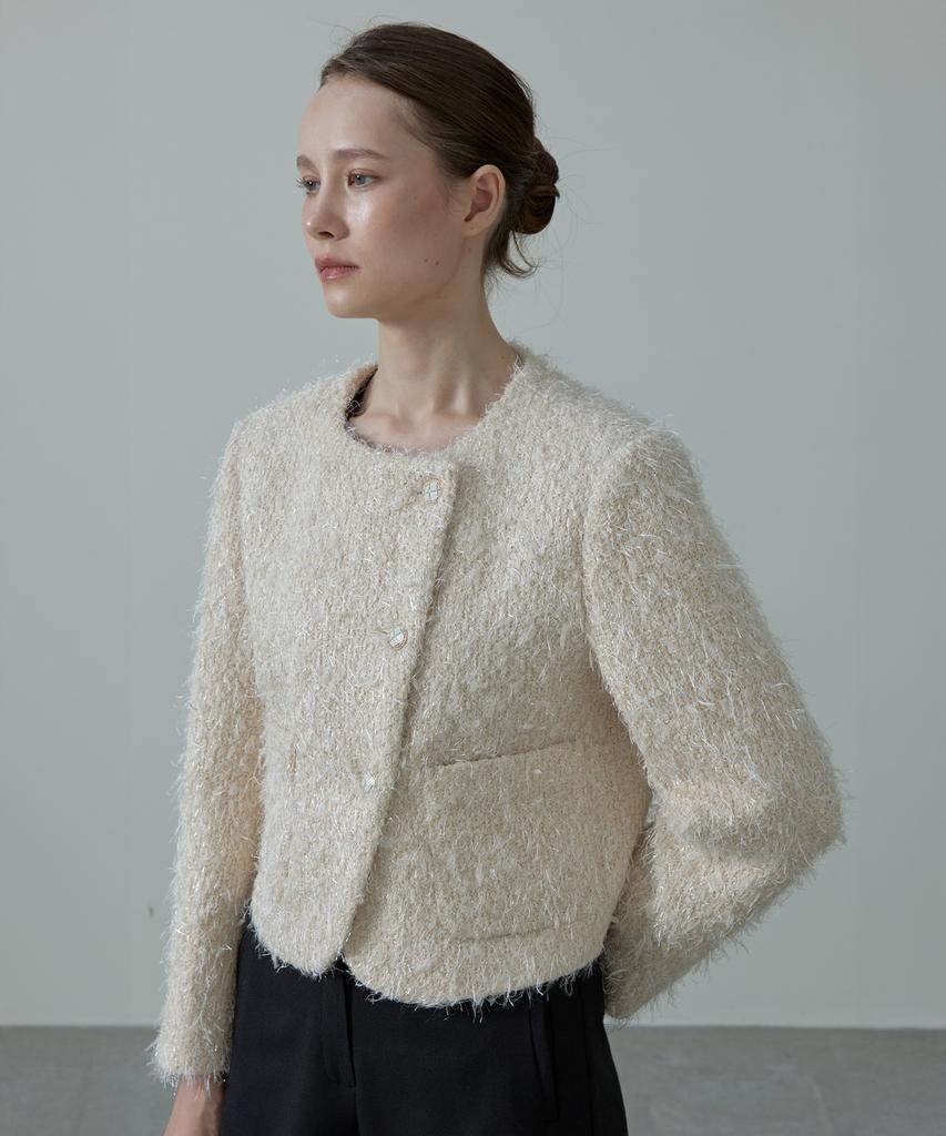 Ahre Glitter Wool Metallic Pearl Tweed Button Jacket_Cream