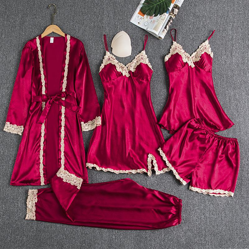 Women's Five-Piece Silk Pajama Set - Sensual Padded Nightdress and Battleship Print for Spring & Summer