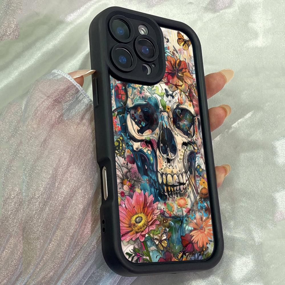 JT478 Skull with Flowers for iPhone 17 16 15 14 13 Pro Max Samsung S26 S25 Ultra A17 A07 A56 A16 A15 A14 Xiaomi 15T Redmi 15c 14C Note 12 11 Soft Case
