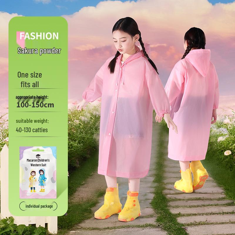 Children's Transparent Long Rain Poncho with Backpack Cover - Thickened and Storm-Proof for School Use