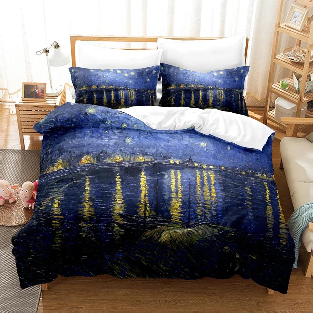 Van Gogh Oljemålning Sängklädesset Queen King Size Sovrumsinredning Örngott och Påslakan 2/3 st Hemtextil