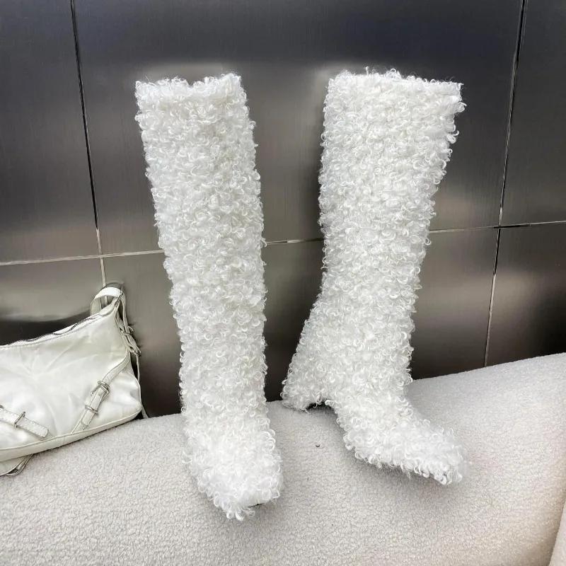 Fashion New Winter Rolled Plush Square Toe Thick Heel Knee High Boots European American Fashion Short Plush Warm High-heel Cotton Boots