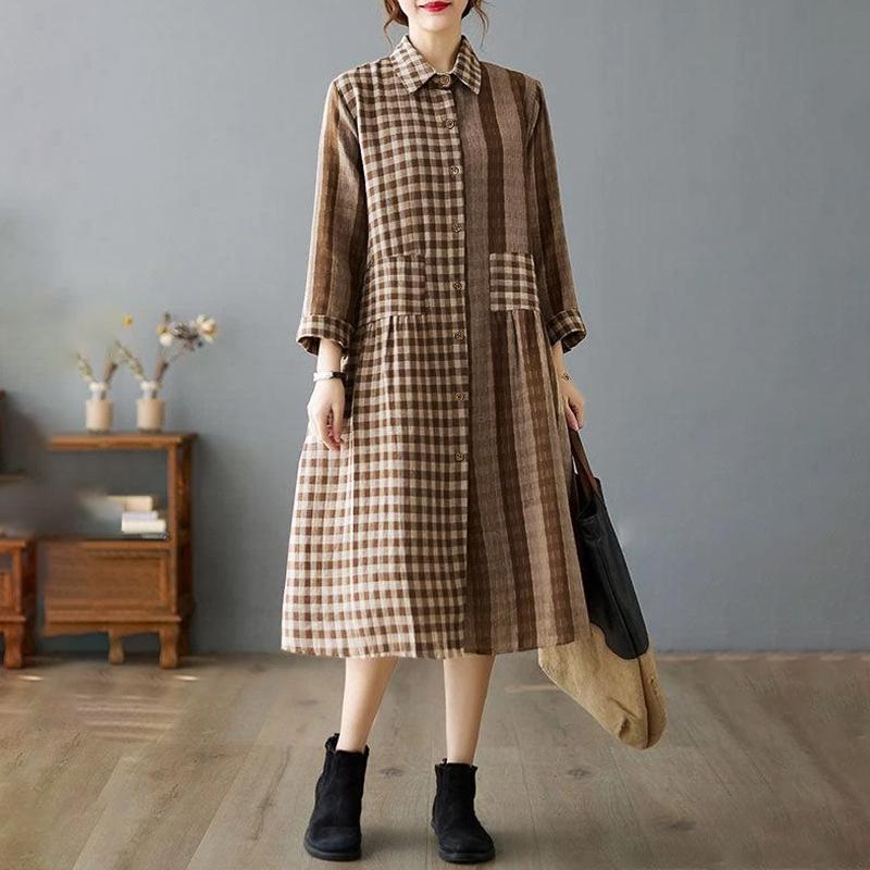 

ZANZEA Женское повседневное платье свободного кроя с отложным воротником и рукавами 3/4 в клетку 5XL светло-коричневого