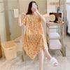 Cotton and Silk Nightgown Women's Summer Short-sleeved Large-size High-end Printed Maternity Pajamas Can Be Worn Outside Long Loungewear