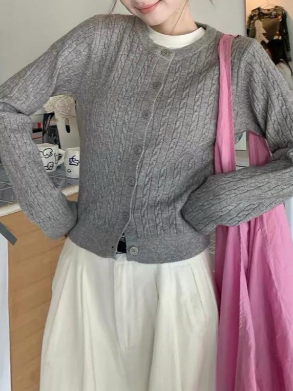 Women's Round Neck Cable Knit Cardigan - Autumn/Winter Versatile Sweater Coat