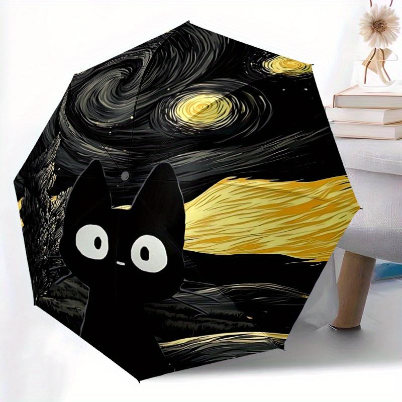 1pc Starry Night Cat Automatic Folding Exquisite Umbrella Portable Collapsible Design, 8-Rib Iron Frame, Durable Fabric, All-Season Casual O
