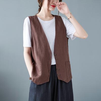 Women's Linen Vest Female Short Section Sleeveless Undershirt Take Outside Leisure Loose Jacket