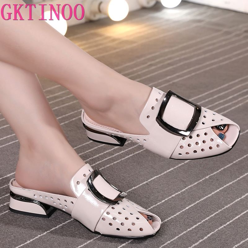 Fashion GKTINOO Women Slipper's 2025 Ladies Summer Slippers Shoes Women Low Heels Fashion Mules Summer Shoes Genuine Leather Large Size