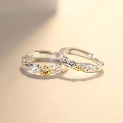 Sun Moon Open Couple Rings 18k Gold Plated Cubic Zirconia Matching Ring for Women Valentine Days Jewelry Love Gift