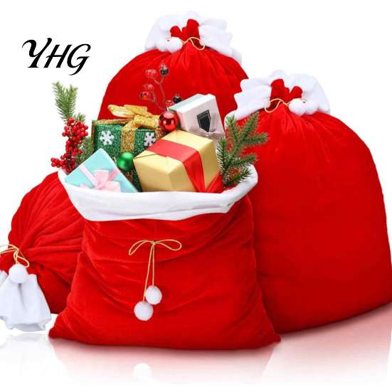 Small Gift Pouches for Christmas Velvet Santa Bags, Large Red Soft Fabric Present Sack Flannel Carriers with Drawstring Closure, Reusable Claus