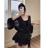 Rochie de damă europeană și americană cu buline, din șifon, cu decolteu adânc în V, cu mâneci lungi, pentru toamnă, cu talie marcată, decolteu în V, cu mâneci lungi, fustă scurtă în linie A