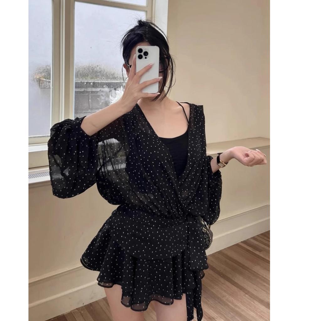 Rochie de damă europeană și americană cu buline, din șifon, cu decolteu adânc în V, cu mâneci lungi, pentru toamnă, cu talie marcată, decolteu în V, cu mâneci lungi, fustă scurtă în linie A