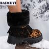 Leopard Fur Fringe Platform Women Shoes Mid Heels Snow Ankle Boots 2025 Trend Designer Warm Chelsea Boots New Pumps Mujer Botas