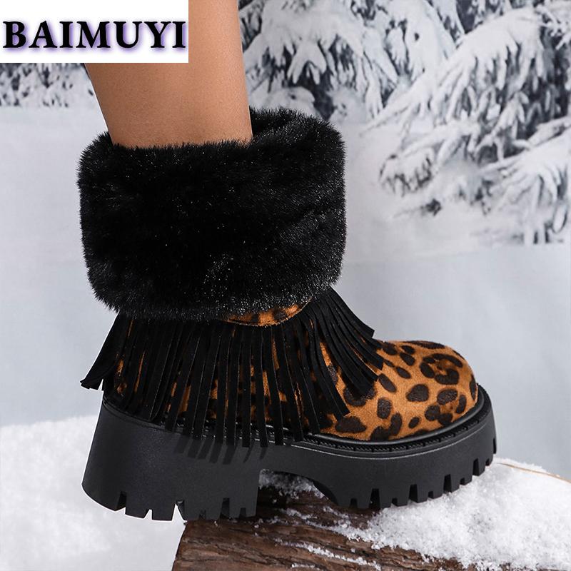 Leopard Fur Fringe Platform Women Shoes Mid Heels Snow Ankle Boots 2025 Trend Designer Warm Chelsea Boots New Pumps Mujer Botas
