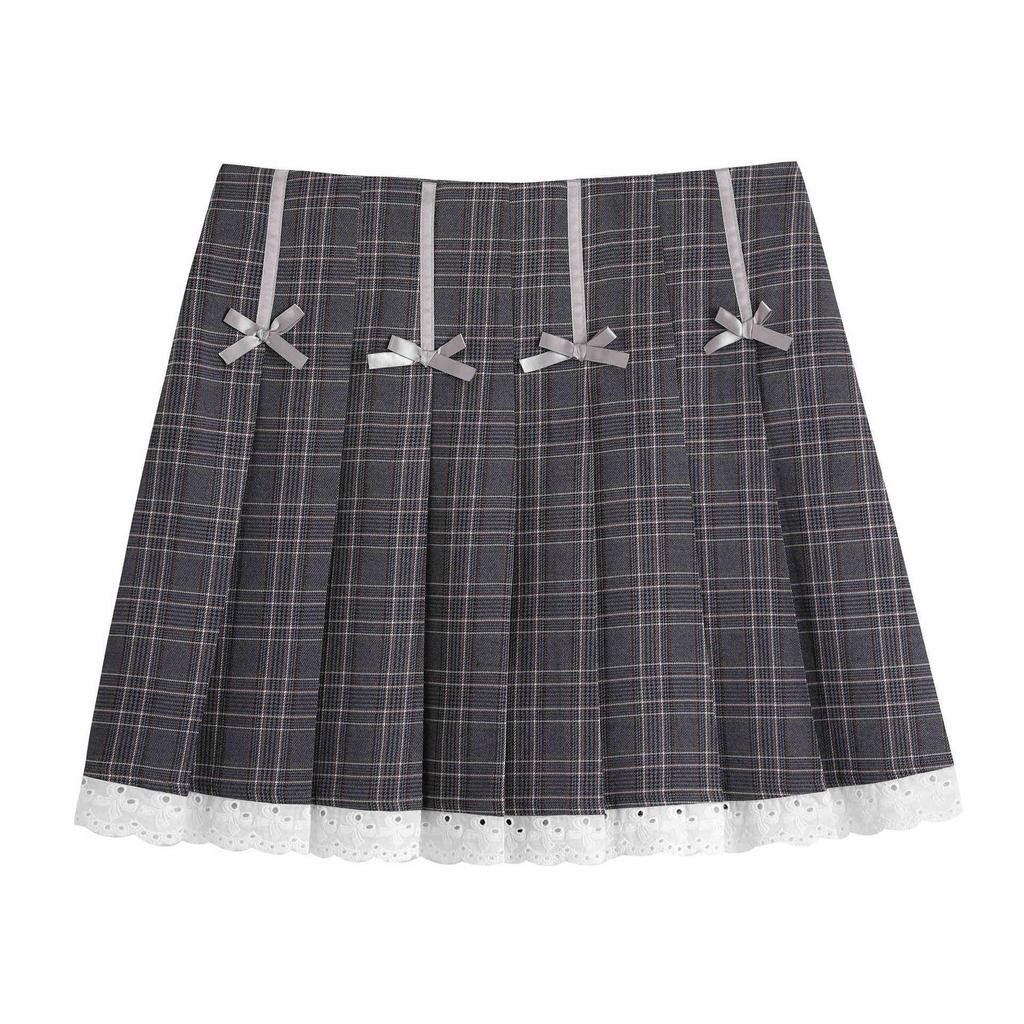 Korean Plaid Bow Smocked Midi Skirt - Plus Size High Waist Slimming Pleated Skirt